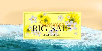 Summer banner. Background design of realistic ocean coast. Big summer sale. Special offer. Promotion of shares. Horizontal poster, postcard, website headers vector