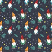 Gnomes and branches of a Christmas tree. Seamless pattern, vector illustration