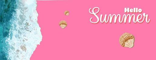 maqueta de fondo de banner de venta de verano. plantilla de ilustración. pancarta horizontal. Hola Verano. arena rosa vista superior de la playa. las olas del mar y la espuma.. vector