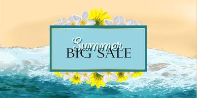 Summer banner. Background design of realistic ocean coast. Big summer sale. Special offer. Promotion of shares. Horizontal poster, postcard, website headers vector