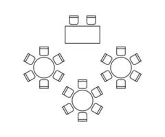 plan para organizar asientos y mesas en interiores en banquetes de eventos, diseño de elementos de esquema gráfico. letreros de sillas y mesas en esquema de plano arquitectónico. muebles, vista superior. línea vectorial vector