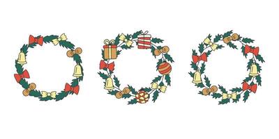 corona de navidad con arco, campana, bola de navidad, regalo, juego de ramas de pino y abeto, garabato dibujado a mano. postal decorativa de navidad y feliz año nuevo. ilustración vectorial vector