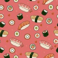 Seamless pattern with sushi with hearts on a pink background. Vector graphics.