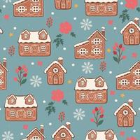 Seamless pattern with gingerbread houses, flowers, twigs and snowflakes. Vector graphics.