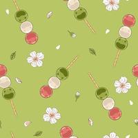 Seamless pattern with Japanese dango dessert and flowers. Vector graphics.