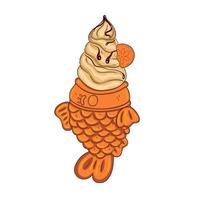 Vanilla ice cream with chocolate topping and cookies in the form of Taiyaki fish isolate on a white background. Vector graphics.