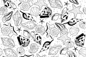 Black and white seamless pattern with seashells. Vector graphics.