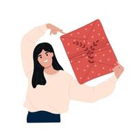 Christmas, New Year celebration. Overjoyed young woman holding a gift.Holiday gift ,giveaway, love ,congratulation. vector