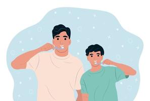 Father and son brush their teeth together. Dad teaches his child to brush teeth properly and talks about the benefits. National Childrens Dental Health Month.