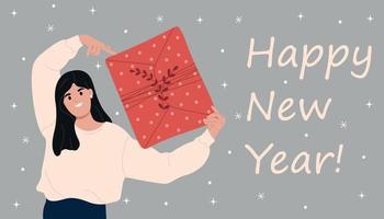 Happy New Year greeting card flat vector template.Overjoyed young woman holding a gift.Winter holiday printable banner design idea.