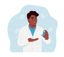 Childrens doctor. Young smiling black doctor holds an inhaler in his hands for inhalation. World Asthma Day. Bronchial asthma. Allergy, asthmatic. Inhalation drug. Bronchial asthma. vector