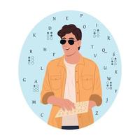 día mundial del braille. joven ciego sonriente con gafas leyendo algo en braille. ilustración vectorial plana vector