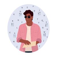 World Braille Day. Young black smiling blind man wearing glasses reads something in braille. World Braille Day. Vector flat illustration