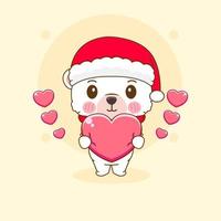 Hand drawn cute Polar bear in Santa hat christmas season cartoon. Kawaii animal character. Merry Christmas greetings card vector