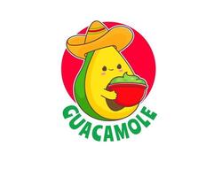Guacamole cartoon logo. Cute Avocado wears sombrero hat with guacamole sauce. Mexican traditional street food. Vector art adorable character.
