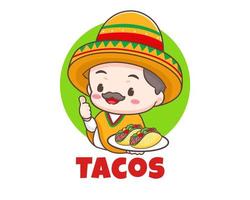 Tacos logo cartoon illustration. Cute chef wears sombrero hat holding tacos showing thumbs up. Mexican traditional street food. Adorable Mexican chef. Vector art illustration