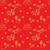Chinese pattern with gold line art characters, simple hand-drawn Asian elements on red background vector