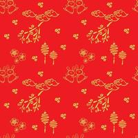 Chinese pattern with gold line art characters, simple hand-drawn Asian elements on red background vector