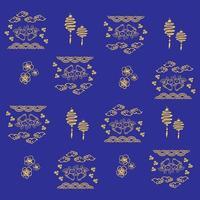 Chinese pattern with gold line art characters, simple hand-drawn Asian elements on blue background vector