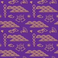 Chinese pattern with gold line art characters, simple hand-drawn Asian elements on violet background vector