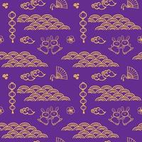 Chinese pattern with gold line art characters, simple hand-drawn Asian elements on violet background vector