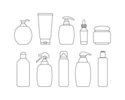 Set of simple outline cosmetic bottles in minimalistic style, include containers for Cream, Lotion, Shampoo, Spray and Soap, Foam for design. Isolated on white background vector