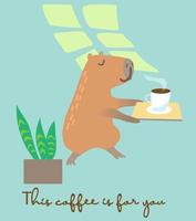 Greeting card with cute capibara. This coffee is for you.Hand drawing vector