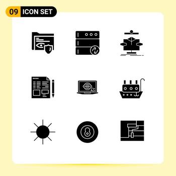 grupo de 9 glifos sólidos modernos establecidos para elementos de diseño vectorial editables de archivo de lápiz de tabla de educación de monitor vector