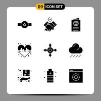 Mobile Interface Solid Glyph Set of 9 Pictograms of directions line card heart travel Editable Vector Design Elements