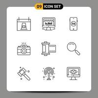 Mobile Interface Outline Set of 9 Pictograms of film picture graph photo camera Editable Vector Design Elements