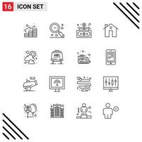 User Interface Pack of 16 Basic Outlines of construction building ui apartment grow Editable Vector Design Elements