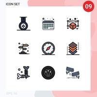 Pack of 9 Modern Filledline Flat Colors Signs and Symbols for Web Print Media such as navigation gps point direction pointer Editable Vector Design Elements