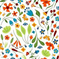Seamless pattern with different bright flowers and bugs. Vector illustration.