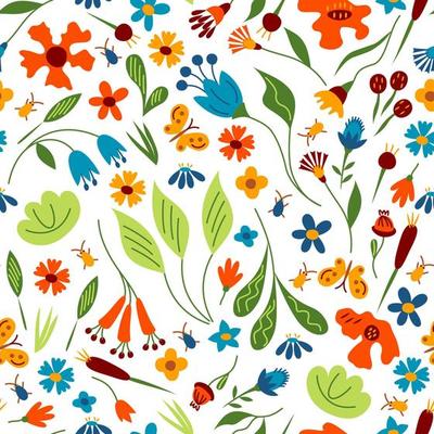 Seamless pattern with different bright flowers and bugs. Vector illustration.