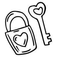 Padlock and key doodle style vector illustration isolated on white background. Valentines day hand drawn graphic
