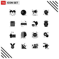 16 User Interface Solid Glyph Pack of modern Signs and Symbols of human head ball feeling notification Editable Vector Design Elements