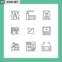 Set of 9 Vector Outlines on Grid for right arrow disc write book Editable Vector Design Elements