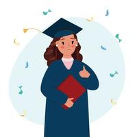 Happy graduated young woman in the gown and academic cap. vector