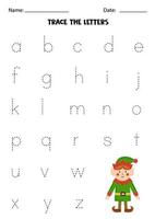 Worksheet with cute elf. Trace lowercase letters of alphabet. vector