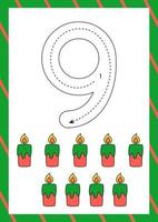 Christmas flashcard how to write number nine. Worksheet for kids. vector