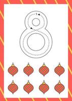 Christmas flashcard how to write number eight. Worksheet for kids. vector