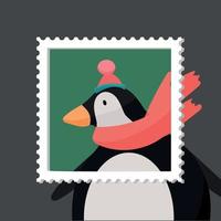 Merry Christmas postage stmap penguin greeting card template. Winter holidays. Vector illustration