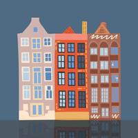 Amsterdam cozy and cute houses on a blue background. vector