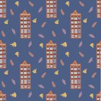 Architecture Amsterdam cozy and cute seamless pattern on a blue background. vector