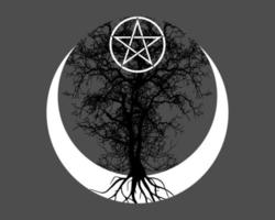 luna mística, árbol de la vida y pentáculo wicca. geometría sagrada. logotipo, luna creciente, símbolo de la diosa wiccan pagana de media luna, círculo de energía, vector de estilo tatuaje aislado en fondo gris