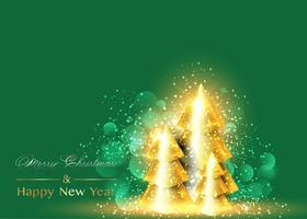 Christmas and Happy New Year background. Xmas fir shiny tree. Conical Abstract Gold Christmas Trees. Bright Winter holiday composition, green background and copy space. Greeting card, banner, poster vector