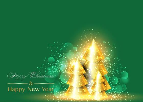 Christmas and Happy New Year background. Xmas fir shiny tree. Conical Abstract Gold Christmas Trees. Bright Winter holiday composition, green background and copy space. Greeting card, banner, poster