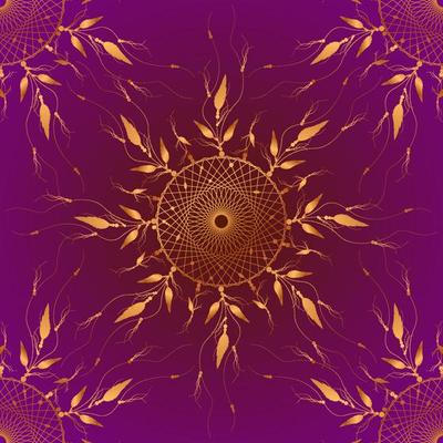 Dreamcatcher mandala pattern ornament, bird feathers and Sun Flowers Gold round Mystic symbol, Ethnic art with native American Indian boho design, vector isolated on purple retro background