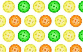 Seamless pattern Bright multicolored Pickleball balls. Pickleball Sports equipment for outdoor games. Background for banners, fabrics, papers, packagings. Vector 3d illustration