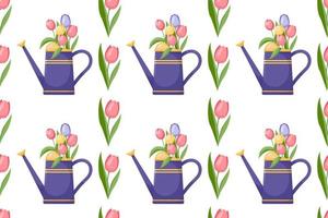 Seamless pattern with Bright watering can and  spring flowers. Bouquet of tulips in pretty vase. Flower arrangement in watering can. Gardening vector